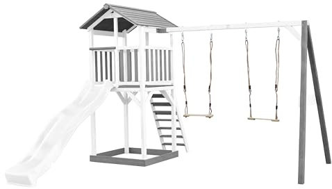 AXI Beach Tower Aire de Jeux avec Toboggan en Blanc, 2 Balançoires & Bac à Sable | Grande Maison Enfant extérieur en Gris & Blanc | Cabane de Jeu en Bois FSC