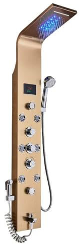 Huin Robinet de douche de salle de bain LED panneau de douche colonne mitigeur de baignoire avec écran de température de douche à main-Or A