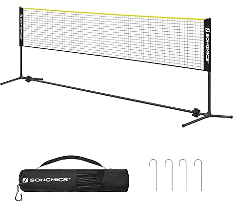 SONGMICS Rete da Badminton da 5 m, palo Regolabile in Altezza, Set Portatile per Tennis, Beach Volley, Giardino, Parco, Esterno, Nero e Giallo, SYQ500B02