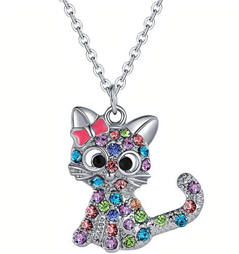 Tiwoca Jewellery Kristall Katzen Anhänger mit Kette 50cm Edelstahl mit Schmuckbox und Poliertuch (Rote Schleife)
