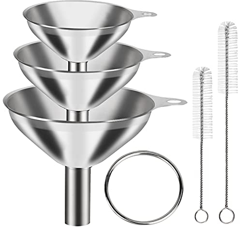VOPTON Mini-Trichter aus Edelstahl, für die Küche, groß, klein, 3 Stück, Metall, Kochpulver, Lebensmittelqualität, Trichter zum Befüllen von Flaschen, Likör, Wasser, Gewürzen, 2 Reinigungsbürsten