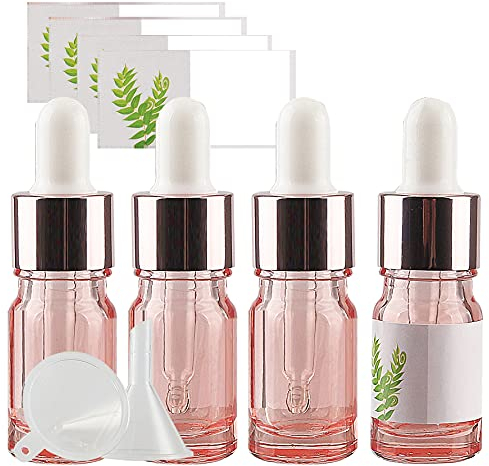 TIANZD Pack of 4, Empty 5ml Pink Glass Dropper Bottles with Glass Pipette Dropper, Small Dropper Bottles with Pink Metal Cap for Essential Oil Aromatherapy Blends Vials