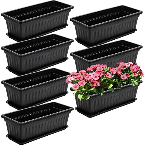 Fasmov 5 Stück 43,2 cm Blumenfenster Box Kunststoff Gemüse Pflanzgefäße mit Tabletts Gemüse Anzuchtbehälter Garten Blumentopf mit 5 Stück Pflanzenetiketten für Balkon, Terrasse, Garten, Schwarz