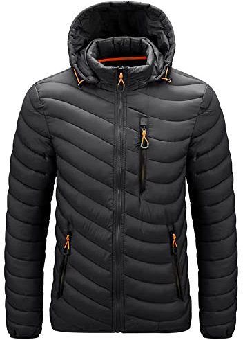Winterjacke Herren Regular Fit Klassisch Mode Einfarbig Männer Steppjacke Winter Dünner Samt Warm Abnehmbarer Hut Outdoor Trend Winddicht Herren Daunenjacke A-Black XXL