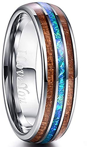 Vakki 6mm Opalring Wolframcarbid Silber Ring aus Holz Herren Freundschaftsring Paarring Geeignet für Hochzeit und Alltag Größe 60(19.1)