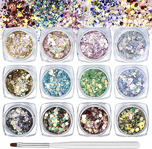 12 Farben Nagel Glitzer, Glitzer Holographische Pailletten, Make-Up Glitzer Paillette, Glitzerpuder Glitter Irisierende Flocken für Gesicht Nägel Haare Körper Festival Dekoration, mit Nagelbürste