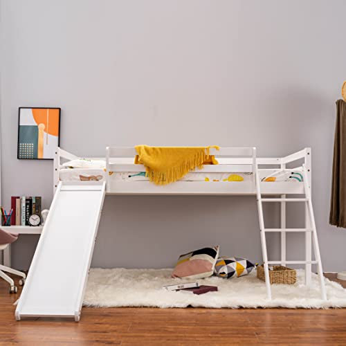 New Single Bed Frame 3FT White Solid Pine Wood Bed for Adults, Kids, Teenagers (White, Loft cabin bunk bed with slide)