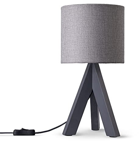 Paco Home Tischleuchte Dreibein Nachttischlampe Stehlampe Schlafzimmer E27 Stoff Lampenschirm E14 Mit Schalter Einfarbig, Farbe:Grau (Ø17 cm), Leuchtenart/Farbe:Tischleuchte - Schwarz