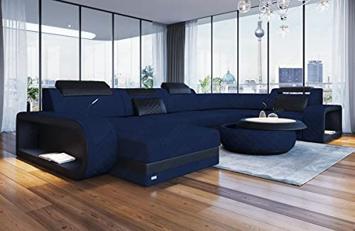 Sofa Dreams Stoff Wohnlandschaft Berlin - mit LED Beleuchtung, verstellbare Kopfstützen, Ottomane/Mikrofaser/Ausrichtung wählbar (Ottomane Links, Schwarz-Dunkelblau)