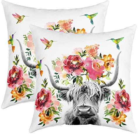 Highland Cow Floral Throw Pillow Covers 20x20 Inch Set of 2 Bull Cattle Flower Pillow Covers for Couch, Wildlife Farmhouse Cow Decorative Square Pillow Cases, Hummingbird Cushion Cases Bedroom Decor