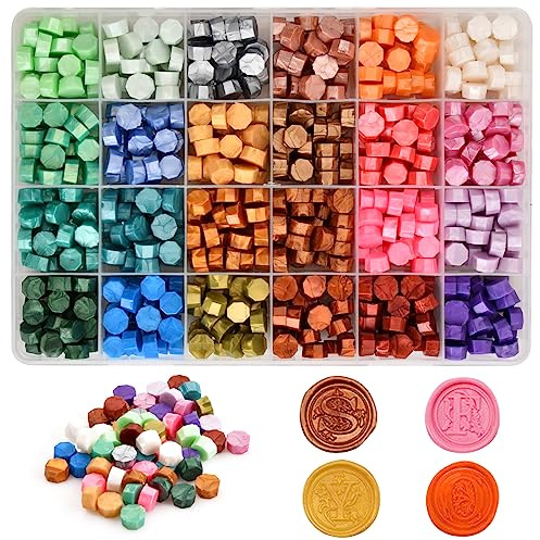600 Pcs Cuentas de Cera de Sellado Octágono, Perlas Sellos de Cera para Velas Lacre Kit 24 Colores con Caja de Almacenamiento para Sobres Boda Invitaciones Tarjeta Regalo (E)