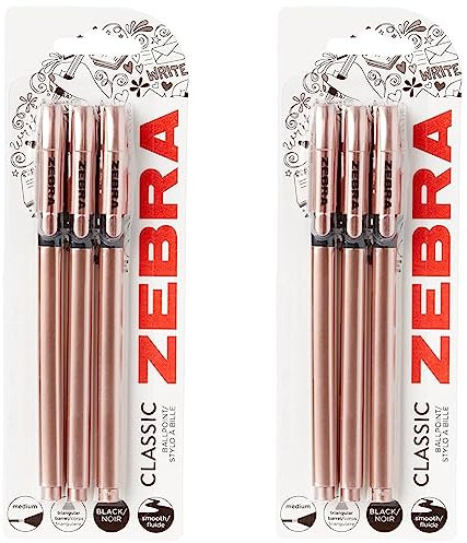 Zebra Pen Z Grip Black Pens Ballpoint, Super Trendy Rose Gold Ballpoint Pens with Triangular Barrel, Pens, Black Ink, Reliable Black Biro Pens Multipack for Everyday Use-Medium Point, 3 pk,Pack of 2
