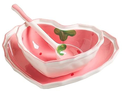 JTBDWOSK Dessertschalen aus Keramik Teller: Süße Herzform Salatschüssel Erdbeer Porzellanteller mit Löffel Müslischalen Vorspeise Beilage für Suppe Snacks,Rosa