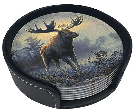 Northern Elch Untersetzer, Set mit 6 runden Untersetzern, weiches Leder, geeignet für Arten von Tassen und Tassen, Getränkeuntersetzer, Schutz, Tischplatte für Zuhause, Büro, Bar, Dekoration
