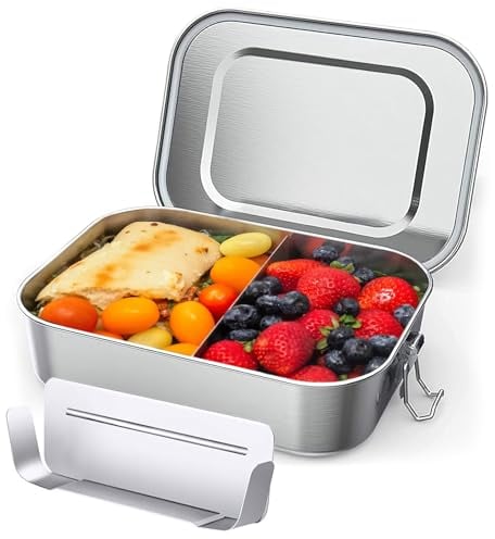OITUGG Stainless Steel Lunch Box - 1400ml Metal Lunch Box for Adults, with 1pcs Removable Divider, Designed Snap-on Buckles and Silicone Ring Inside Lids, not Microwaves-Safe, Size 20 x 14 x 6.6 cm