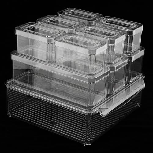 MOUYAT Set of 10 Fridge Storage Containers with Lids, Clear Fridge Storage Boxes with Drainage, Stackable Freezer Organisers Boxes, Plastic Refrigerator Bins for Kitchen, Pantry, Cabinet