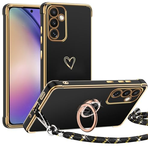 TUUTPU Handyband für Samsung Galaxy A54 5G Hülle mit Band, Herz Muster Handyhülle mit 360° Ring Ständer Dünn Silikon TPU Stoßfeste Schutzhülle mit Abnehmbar Kordel zum Umhängen mit Schnur, Schwarz