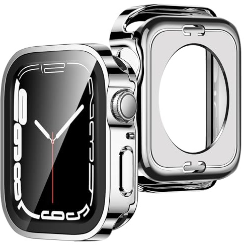 ZZDZZ [2 Piezas] 2 en 1 Funda Compatible con Apple Watch Series 9/8/7 41mm con Protector de Pantalla Cristal Templado, 360 Protección Completa PC Dura Carcasa para iWatch 41mm (Plata)