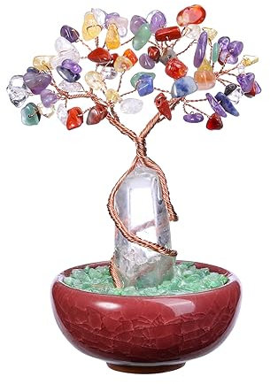 JOVIVI Albero della Vita Soprammobile in Pietra Naturale con Bacchetta di Cristallo Feng Shui Albero Portafortuna Torre Cristallo Curavito Reiki Guarigione Vaso Ceramica Decorazione Interni - 7 Chakra