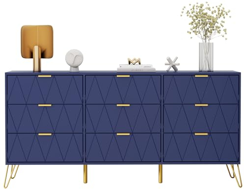 GOOBUY Cassettiera con 9 Cassetti, 150 x 34 x 74 cm, Credenza Moderna, Mobile per TV, Cassettiera Stretta, Buffet, Armadio per Soggiorno, Camera da letto, Corridoio, Blu