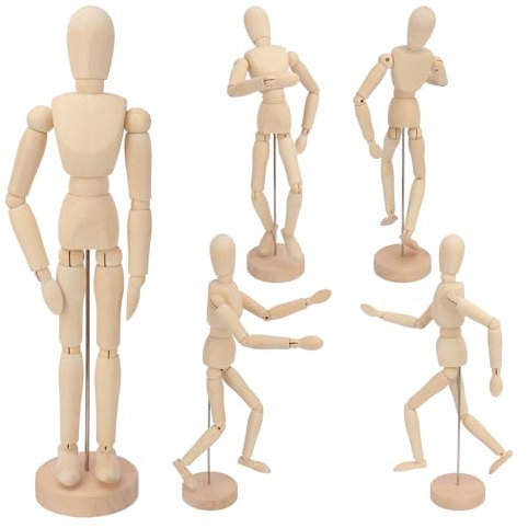 Manichino da disegno articolato con base, in legno flessibile, per schizzi, disegno e pittura, decorazione della casa, 5 pezzi, 30,5 cm GNIEMCKIN