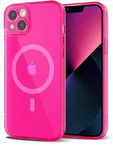 Svanove for iPhone 13 Mini Case Clear Compatible with Magsafe, Fluorescent Transparent Magnetic Magnet Mag Case, Slim Thin Bright Silicone Grip & Shockproof Bumper Camera Cover, Neon Hot Pink