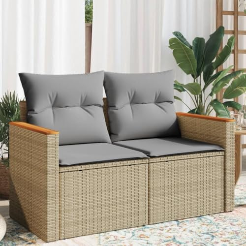 Festnight 2-Sitzer Gartensofa mit Stauraum Rattan Sofa Outdoor 110 cm Sitzecke Balkon Lounge Klein Couch Gartenlounge Polyrattan Balkonmöbel Gartenmöbel Beige