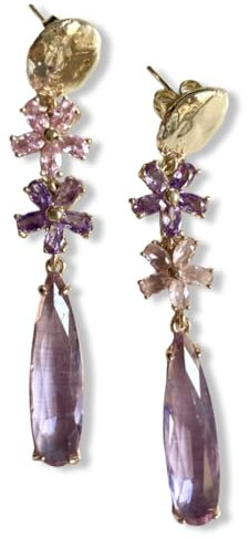 Orecchini lunghi con fiori di cristalli rosa e lilla