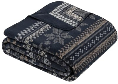 Ibena Skien Decke 150 x 200 cm - Baumwollmix, weich, warm & waschbar, Kuscheldecke Norweger Muster blau grau