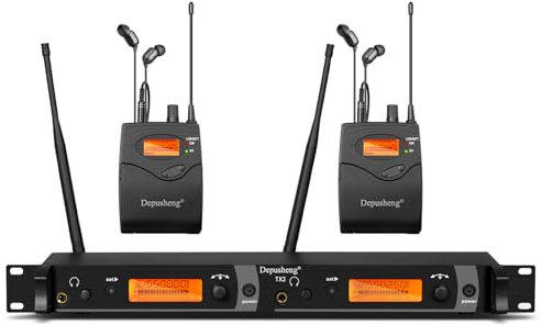 DEPUSHENG TX2 Wireless In Ear Monitor System, 2-K Wireless IEM System, Metall IEM mit 2 Bodypacks, Rack-Mount