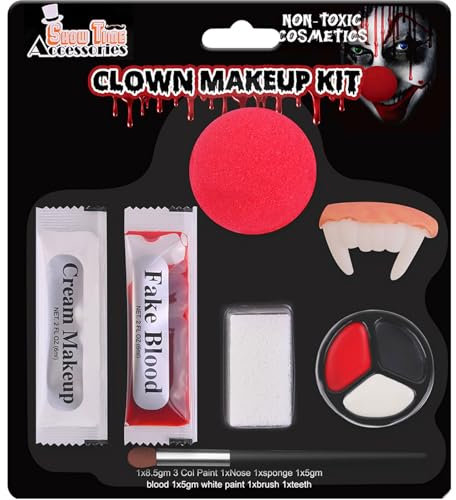 Peinture Visage Noir Blanc Rouge Maquillage Clown Halloween, SFX Makeup, Face Body Paint à Base d'Huile, Dentier de Dent de Vampire, Fake Blood Lavable, pour Halloween, Noël, Soirées à Thème, Pâques