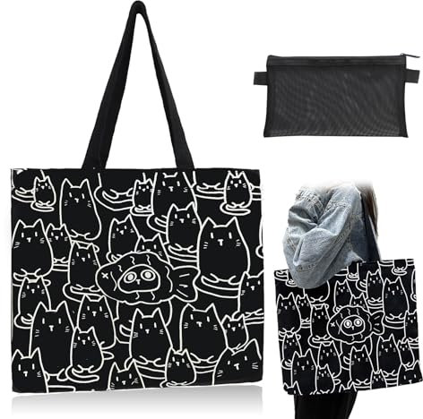 Bolso shopper mujer, bolso de pescado y gato de moda de gran capacidad, bolsa de compras de lona casual con cremallera, adecuada para la playa de trabajo escolar, bolsa de malla negra