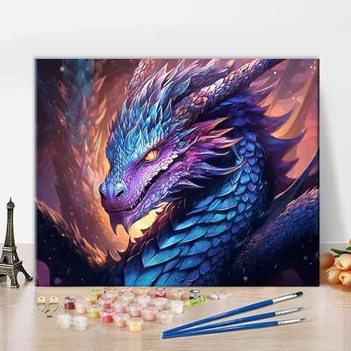 TISHIRON Kit de peinture par numéros - Pour adultes débutants - Dragon - Kit de peinture par numéros sur toile - Motif animaux - Fantastique - Peinture à l'huile acrylique pour la décoration murale de