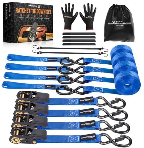 maXpeedingrods 4x 997kg Tie Down Straps 15ft (4.5m) 2200lb 25mm EN 12195-2 | Ratchet Lashing Straps 25mm with safety clip S-hooks, motorcycle tie down straps - Blue