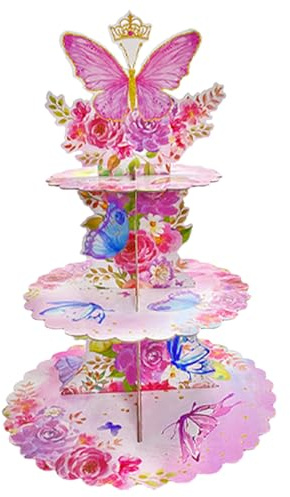 Fuwraixis Alzata per torta a 3 piani con farfalla rosa, vassoio per torta a tema farfalla, decorazione per festa di compleanno, articoli per feste per ragazze