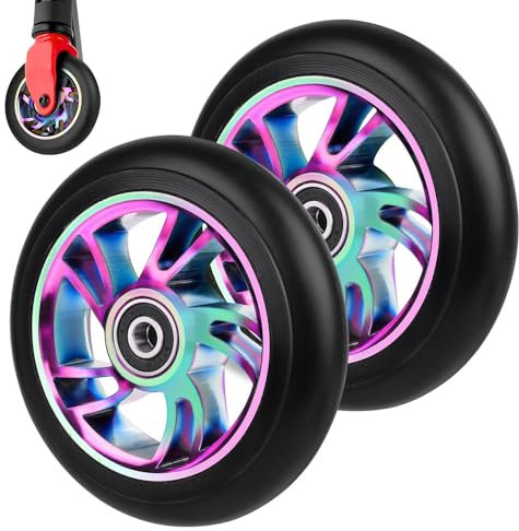SKIKHN Stunt Scooter Rollen, 2 Stück 100mm Scooter Ersatzräder 88A mit ABEC-9 Lager Aluminium Speichenkern, Aluminium Ersatzräder für Scooter, Roller Reifen für Meisten Stuntscooter und Kickscooter