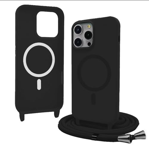 Bigcousin Funda Magnética con Cuerda Compatible con iPhone 12 Pro MAX,Compatible con Magsafe,Silicona Caso con Correa Colgante Ajustable Collar Correa de Cuello Cadena Cordón,Negro
