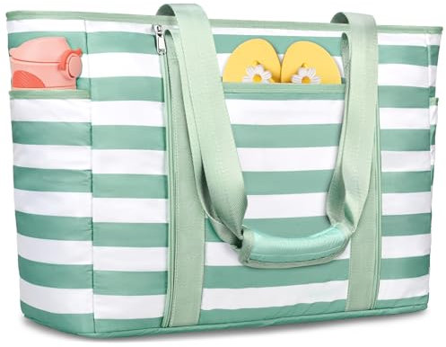 KTUEOV Strandtasche XXL Familie, 45L Wasserdicht Strandtasche mit Reißverschluss 12 Fächer Badetasche Damen Leichte und Faltbares Beach Bag Tote Bag Shopper Damen für Strand Pool Reisen Fitnessstudio