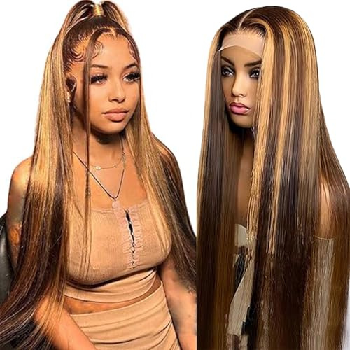 Hxxcoup Straight Human Hair Wig 5x5 Lace Front Echthaar Perücke Schwarz Perücke Damen Glueless Wear and Go P427 Highlight Blond Pre Plucked Hairline with Baby Hair for Woman No Smell 12 Zoll
