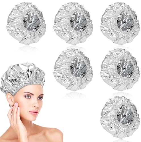 JEYORZY Lot de 6 écouteurs thermiques pour cheveux en aluminium, casque chauffant pour soins des cheveux, bonnet de douche, réutilisable imperméable, bonnet de bain, élastique pour les soins de douche