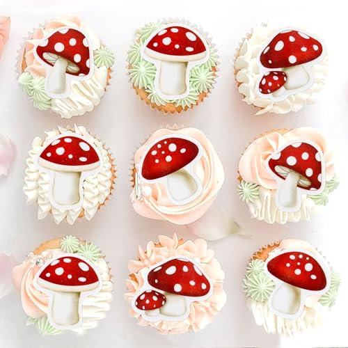 Blumomon 40Pcs Pre-Cut Edible Mushroom Cupcake Toppers Garden Party Cupcake Decoration Picks Mushroo Theme Birthday Baby Shower Party Decoration Supplies