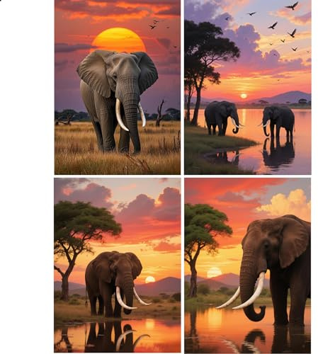 JISHSHAY 4 Pièces Elephant Diamond Painting Rond Coucher de Soleil Diamant Painting Perle Ronde Broderie Diamant Bricolage Adulte Puzzle Point de Croix Kit Broderie Activité Manuelle Adulte 30×40 cm