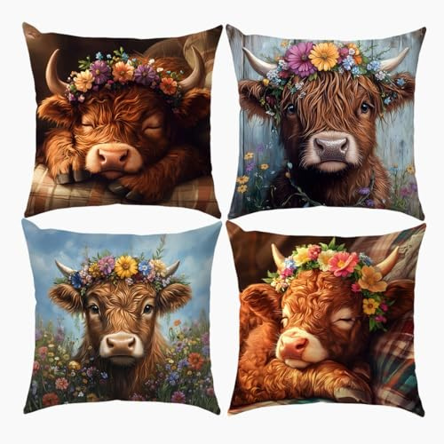 SEVENWELL Highland Kuh Kissenbezüge 40x40 cm Schottische Kuh | Rustikale Kissenhüllen für Sofa Wohnzimmer Schlafzimmer Dekoration