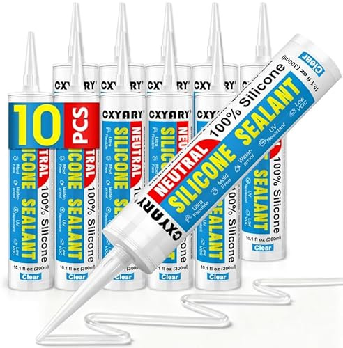 Silicone Caulk & Sealant Clear, 10 Pack - 100% Waterproof Silicone Sealant, Silicone Caulking for Kitchen and Bathroom, Toilet, Sink, Window ＆ Door Use, Shrink & Crack Proof (10.1 FL.OZ/300ml)