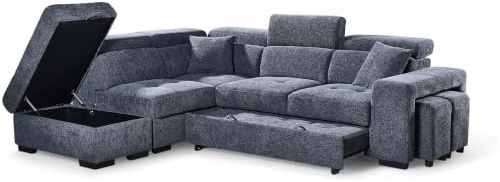 Chenille Blue L Shaped Corner Sofa Bed with Storage Ottoman, Adjustable Headrests and 2x Foot Stools - Durable Fabric Modular Sectional Pull Out Sofa Bed 4 Seater with Black Metal Feet - LEFT HAND