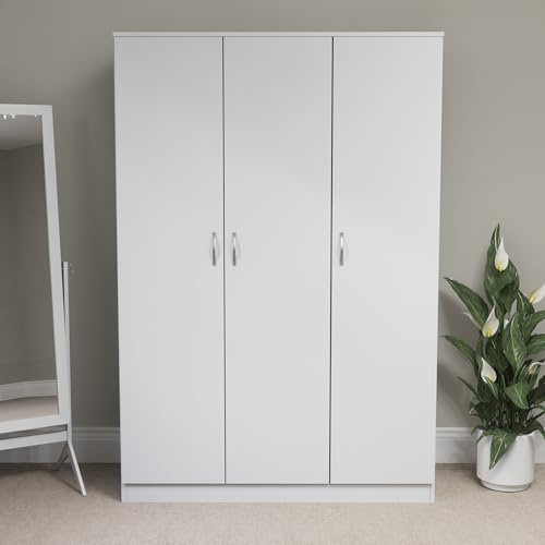 Vida Designs Riano 3 Door Wardrobe | White | Bedroom Furniture | 170H x 115.4W x 53D cm | with Shelf & Hanging Rail | Large Capacity Storage
