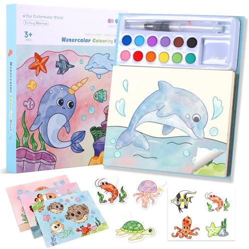Malbuch mit Wasserfarben: 3-in-1 Malset für Kinder mit 12 Farben + 3 Arten Malvorlagen + Wasserpinsel, Aquarell Malset für Kunst & Basteln für Jungen & Mädchen ab 3-8 Jahren (Meerestiere)