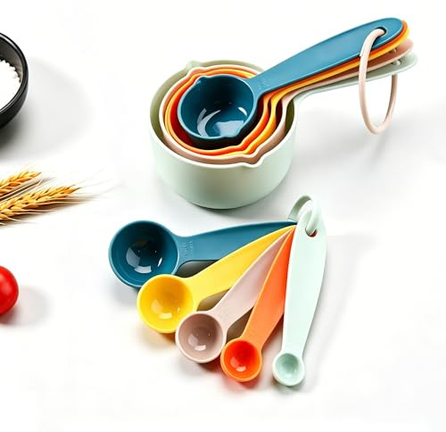 Measuring Cups,10 Piece Plastic Measuring Cups and Spoons Set,Plastic Measure Cup Set, Baking Measure Cup, Baking Gadgets, for Kitchen Bakings and Cooking(Colorful)