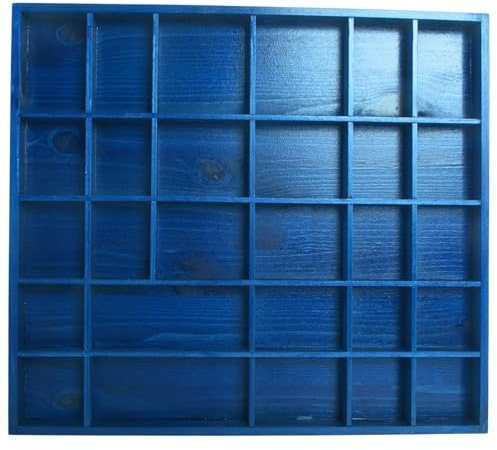 WooDeeDoo Wooden 28 Compartments Display Trinkets Shelf - Hand-Stained - Blue - Gloss - Wall Shadow Box Rack Collectables Miniatures Crystals Decorative Cabinet Tray - 45 x 40 x 3.5 cm