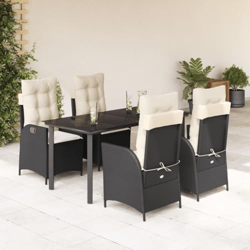 Runheo 5 TLG. Grupo de comedor de jardín, poliratán negro, silla ajustable, mesa de cristal de 160 x 80 cm, resistente a los rayos UV, resistente a la intemperie, para terraza, balcón, jardín